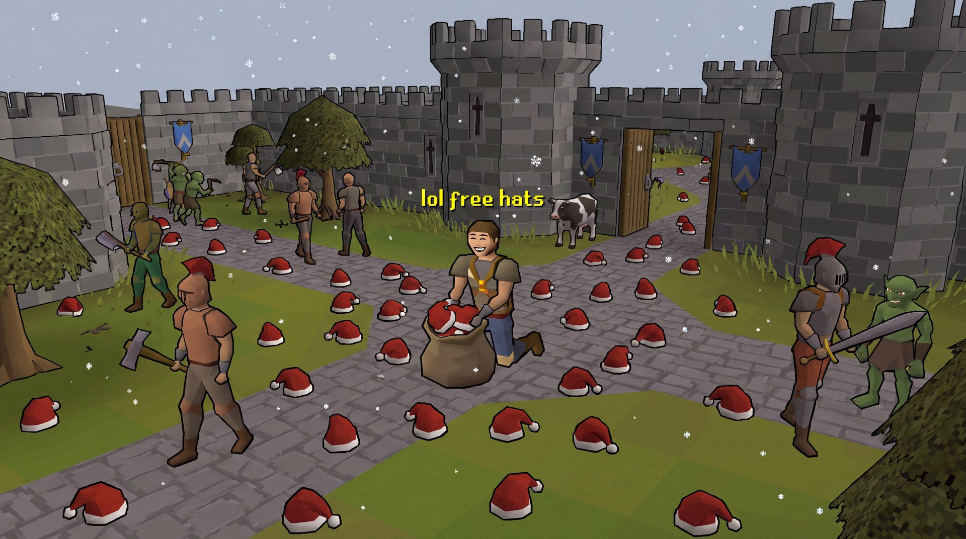 Lumbridge, Christmas Day 2002: Santa hats on the ground for everyone